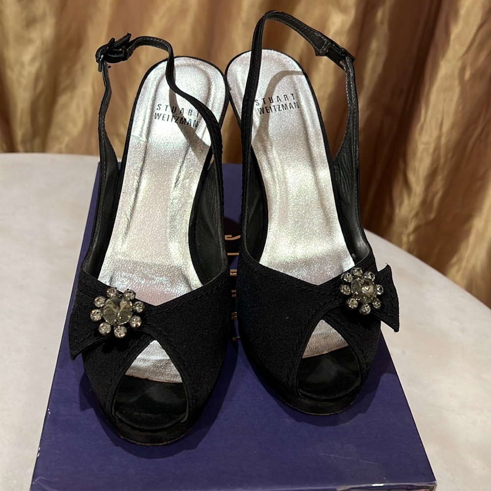 Stuart Weitzman Peep Toe Black Satin Heels